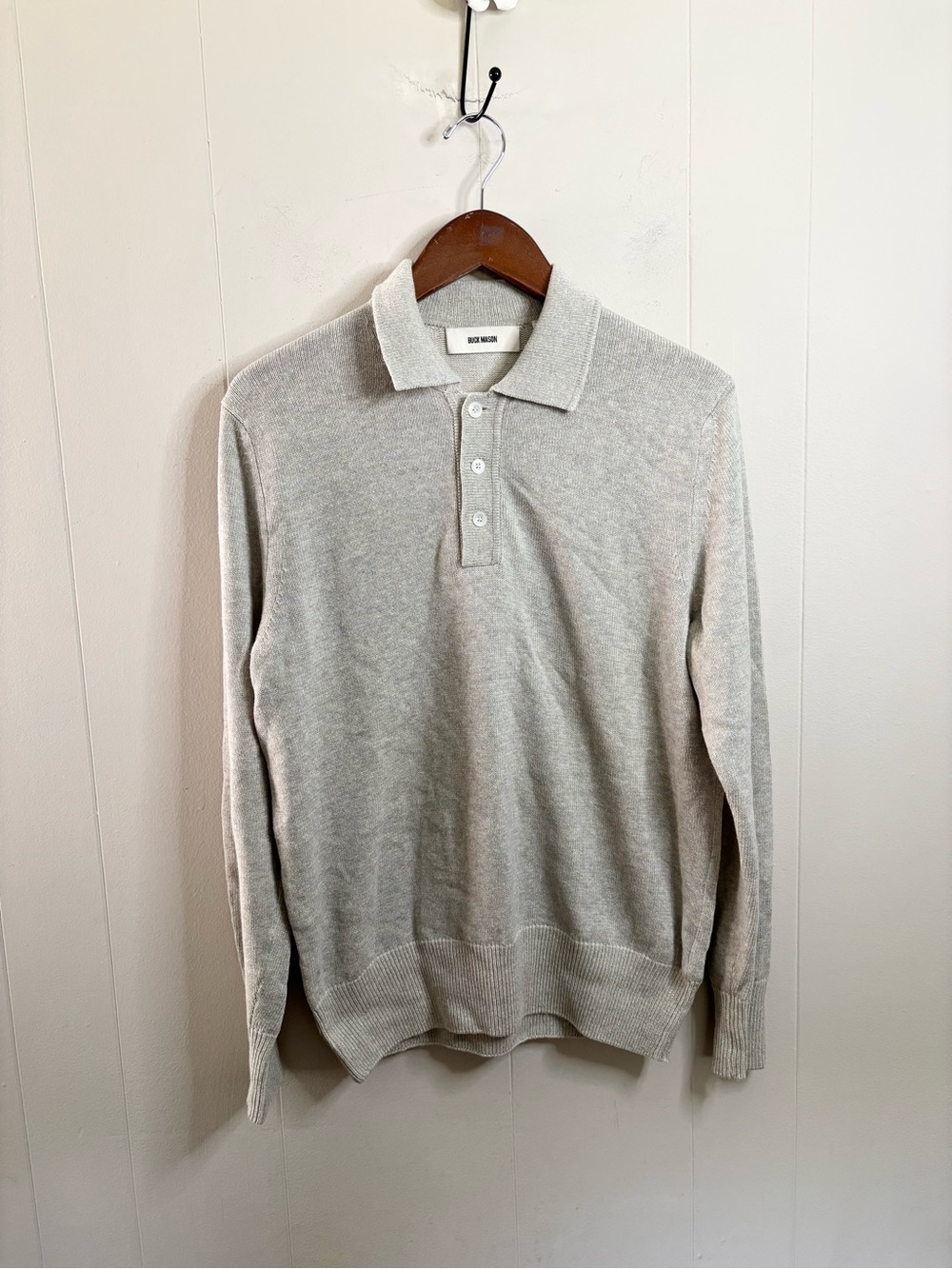 Buck Mason vintage heather grey wool hemp polo knit sweater new flaw SM